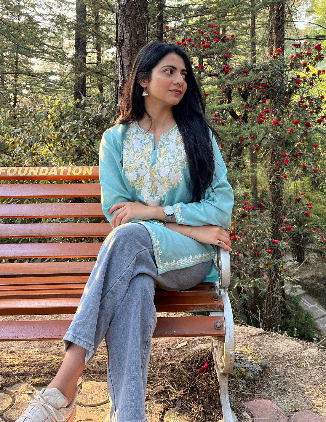 Nigeen Kashmiri Aari Sky Blue Kurti by Kashmir Box, South Asian ethnic wear