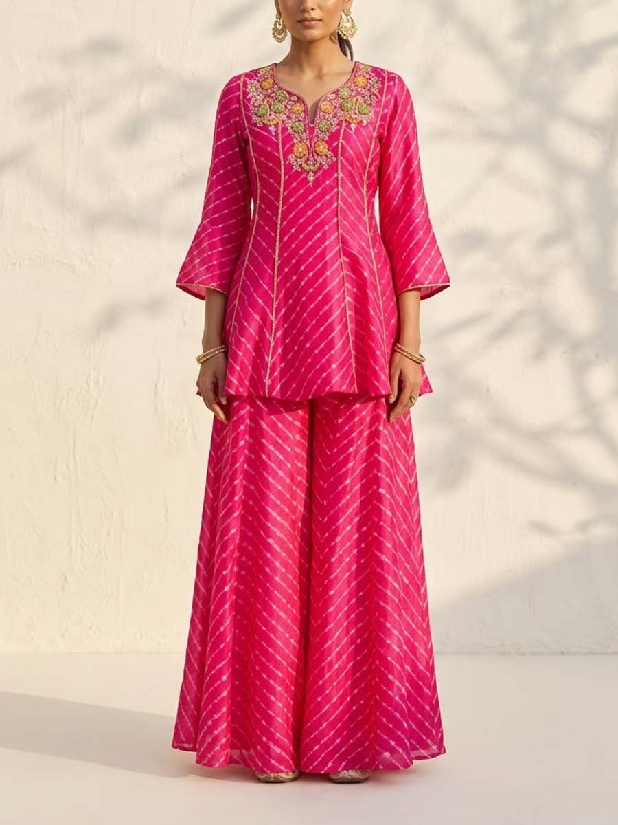 Rani Vasansi Silk Leheriya Peplum Top And Palazzo