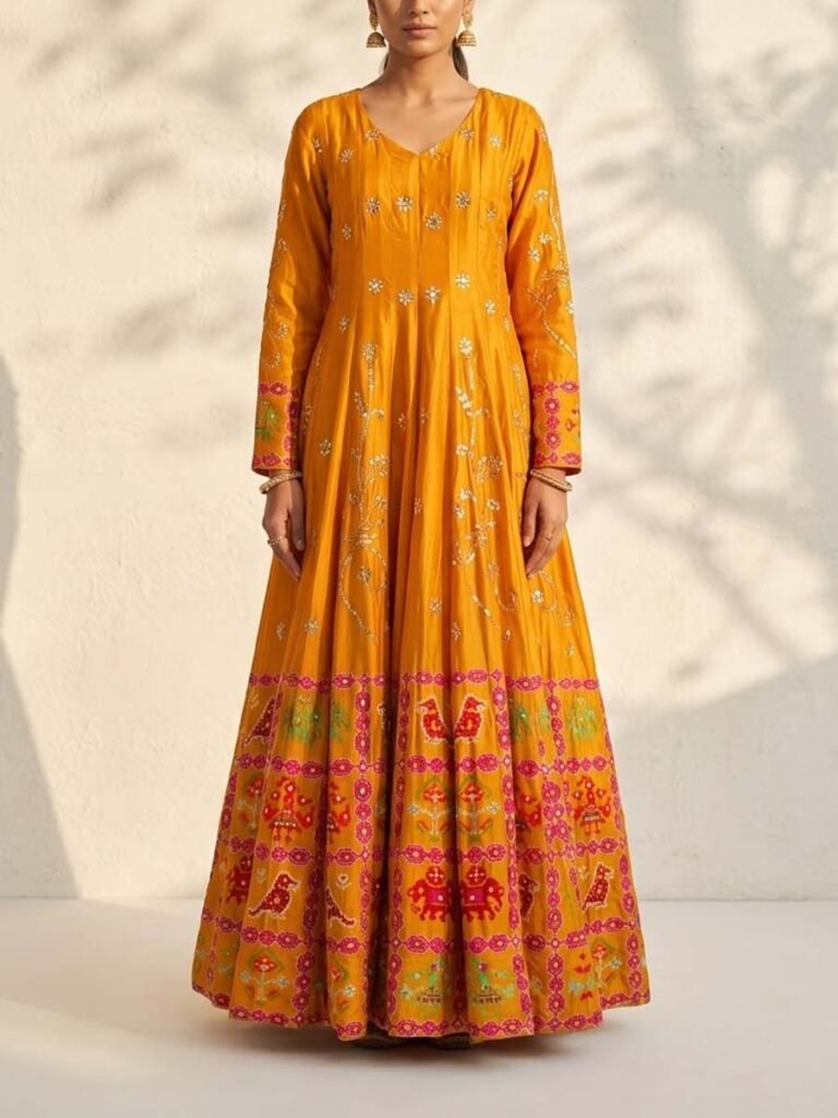 Mustard Vasansi Silk Highlighted Gown by Vasansi Jaipur, South Asian ethnic wear