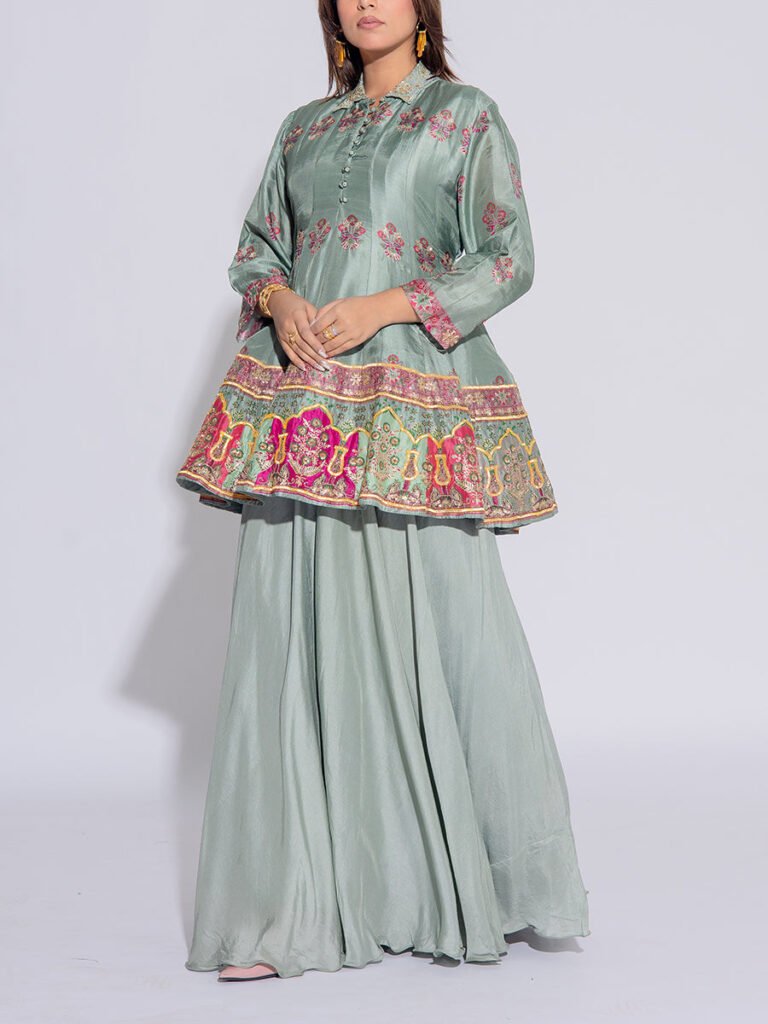 Sage Green Vasansi Silk Peplum And Sharara Set by Vasansi Jaipur, South Asian ethnic wear