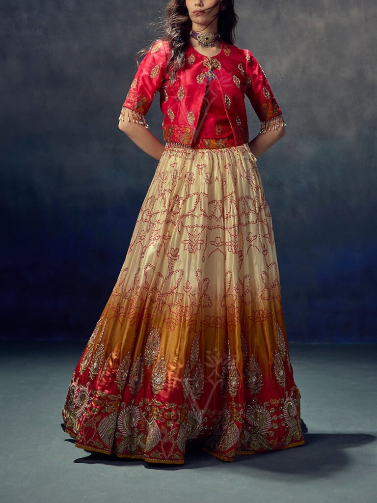 Red And Cream Vasansi Silk  Lehenga Set by Vasansi Jaipur, South Asian ethnic wear