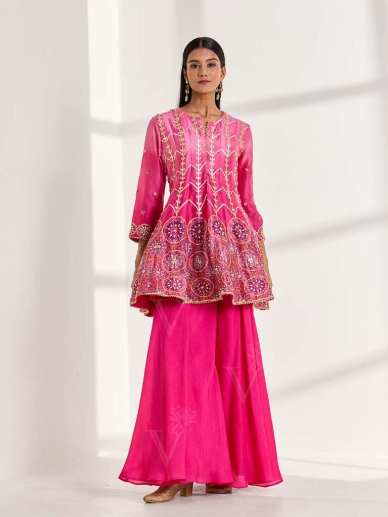 The Pretty In Pink Vasansi Silk Peplum And Palazzo Set by Vasansi Jaipur, South Asian ethnic wear