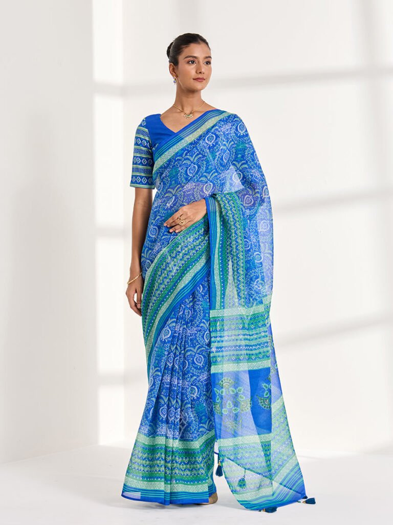 Blue Kota Doria Printed Saree by Vasansi Jaipur, South Asian ethnic wear