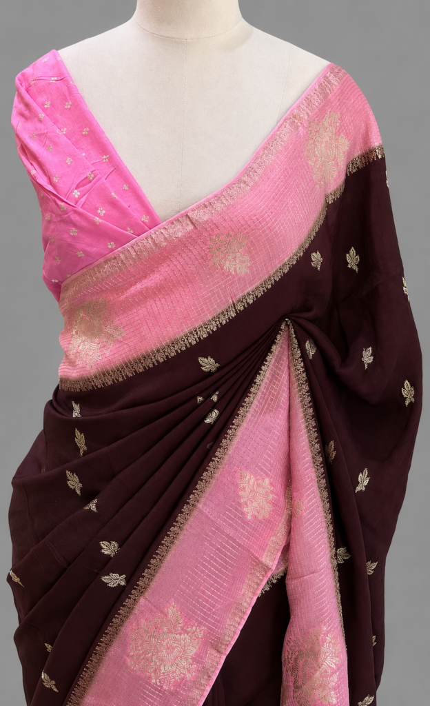 Viscose Dola Silk Saree With Zari Leaf Butis & Checkered Border by Varam Fashion House, South Asian ethnic wear