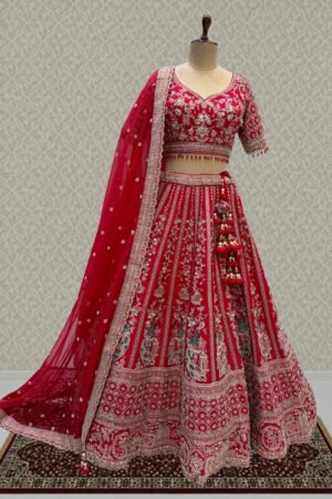 Red Handcrafted Bridal Lehenga With Intricate Zardozi, Sequins, Pearl And Zari Detailing by Seasons Chennai, South Asian ethnic wear