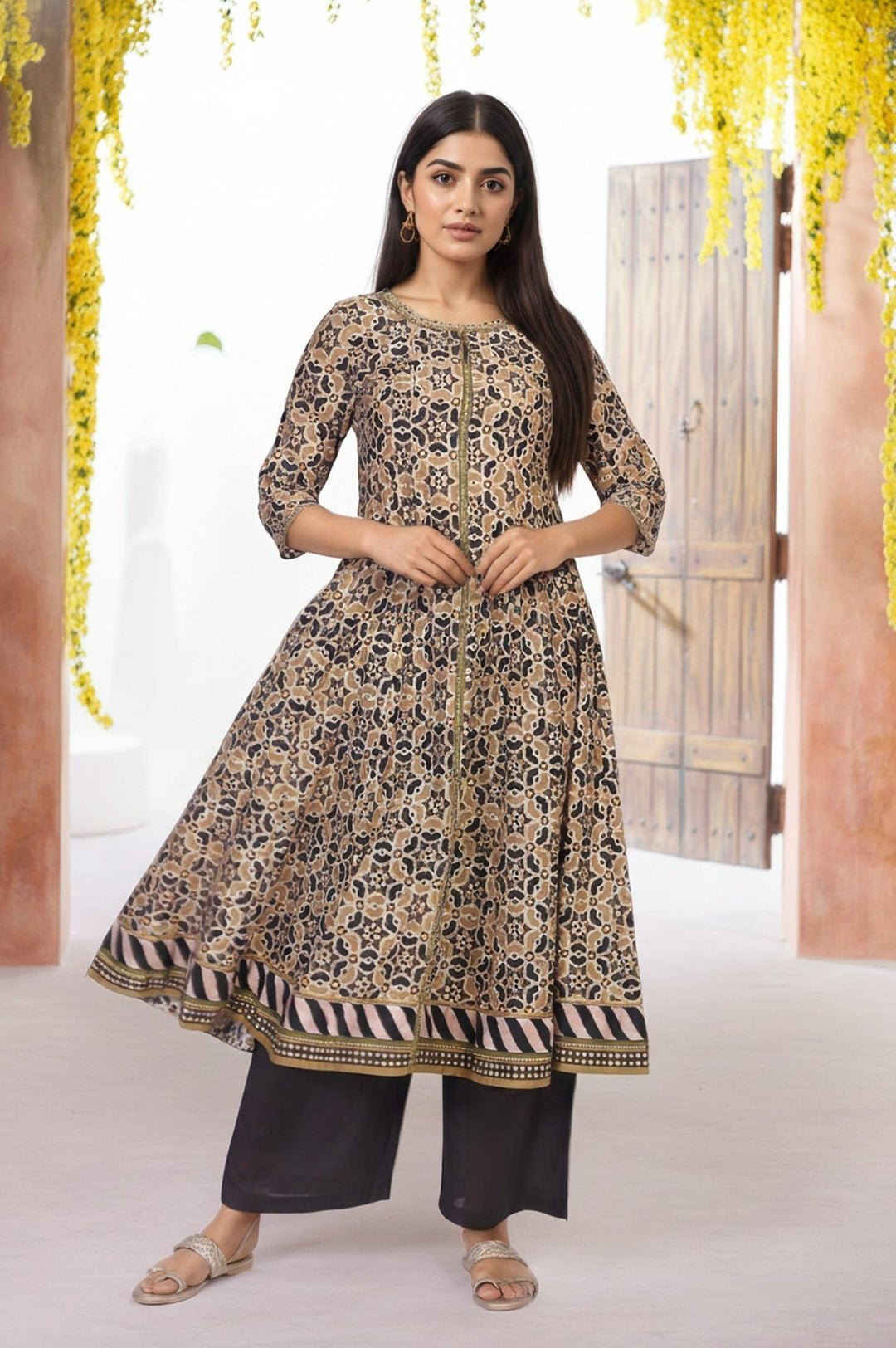 Beige Geometric Printed Embroidered Anarkali Cotton Kurta With Parallel Pant Set by W For Women, South Asian ethnic wear