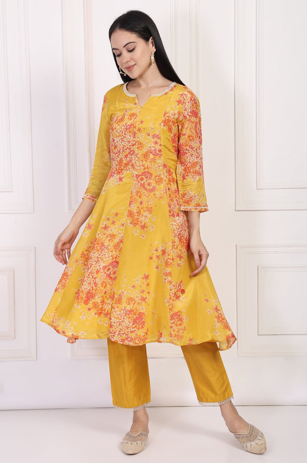 Yellow Floral Printed Beaded A-Line Tissue Kurta With Straight Pant Set by W For Women, South Asian ethnic wear