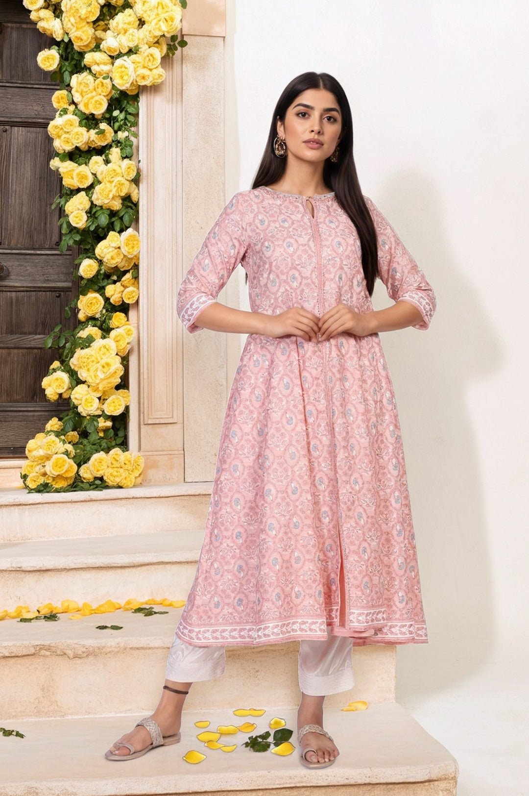 Pink Floral Printed Rayon A-Line Kurta With Straight Pant Set by W For Women, South Asian ethnic wear