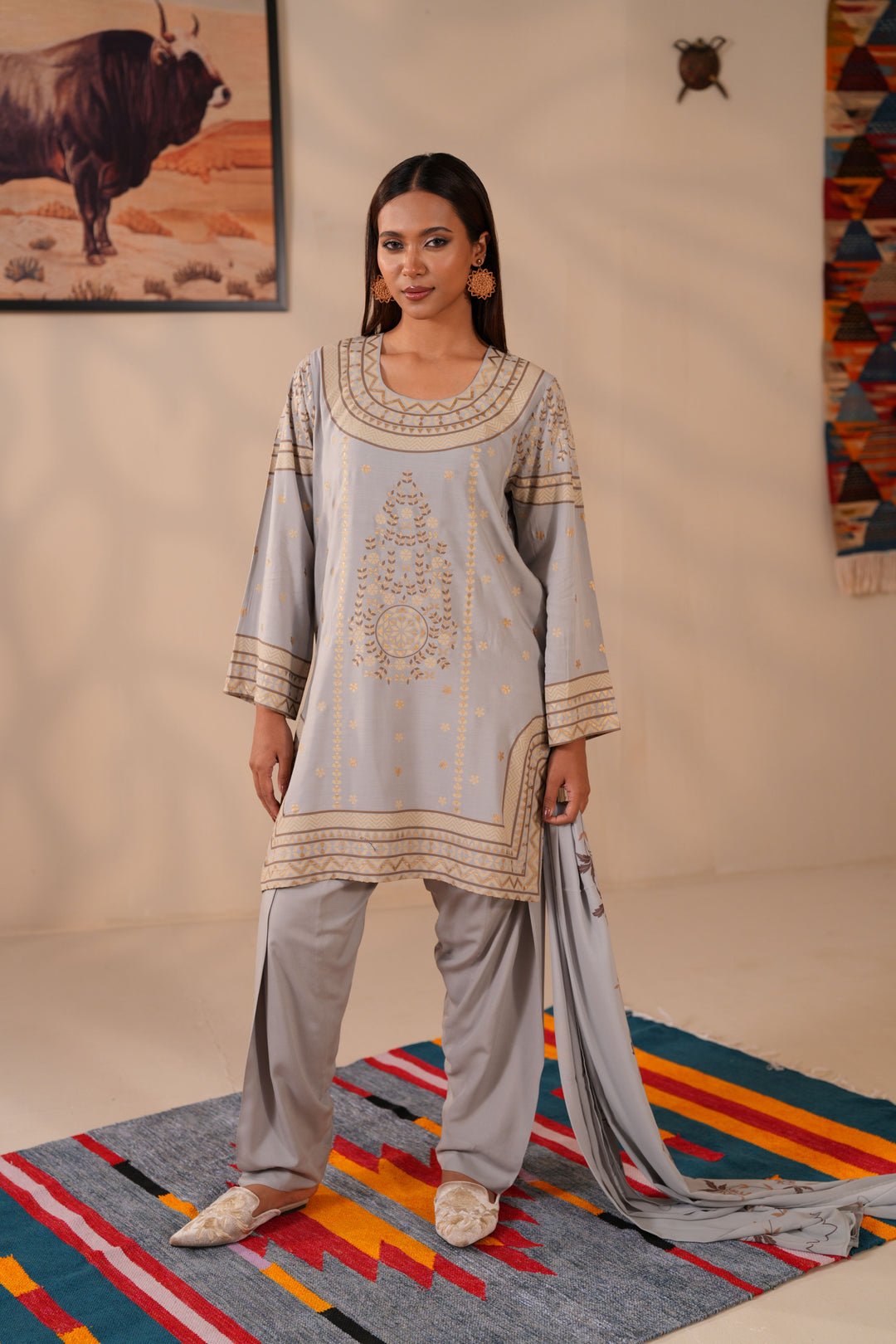 Comfortable Grey Printed 3 Piece Suit Klubhaus by Klubhaus, South Asian ethnic wear