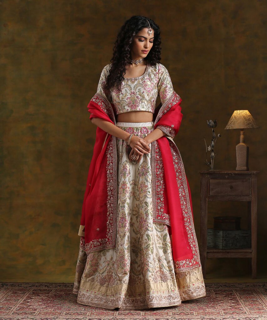 Handloom Offwhite Pure Katan Silk Banarasi Lehenga Set – Preorder by WeaverStory, South Asian ethnic wear