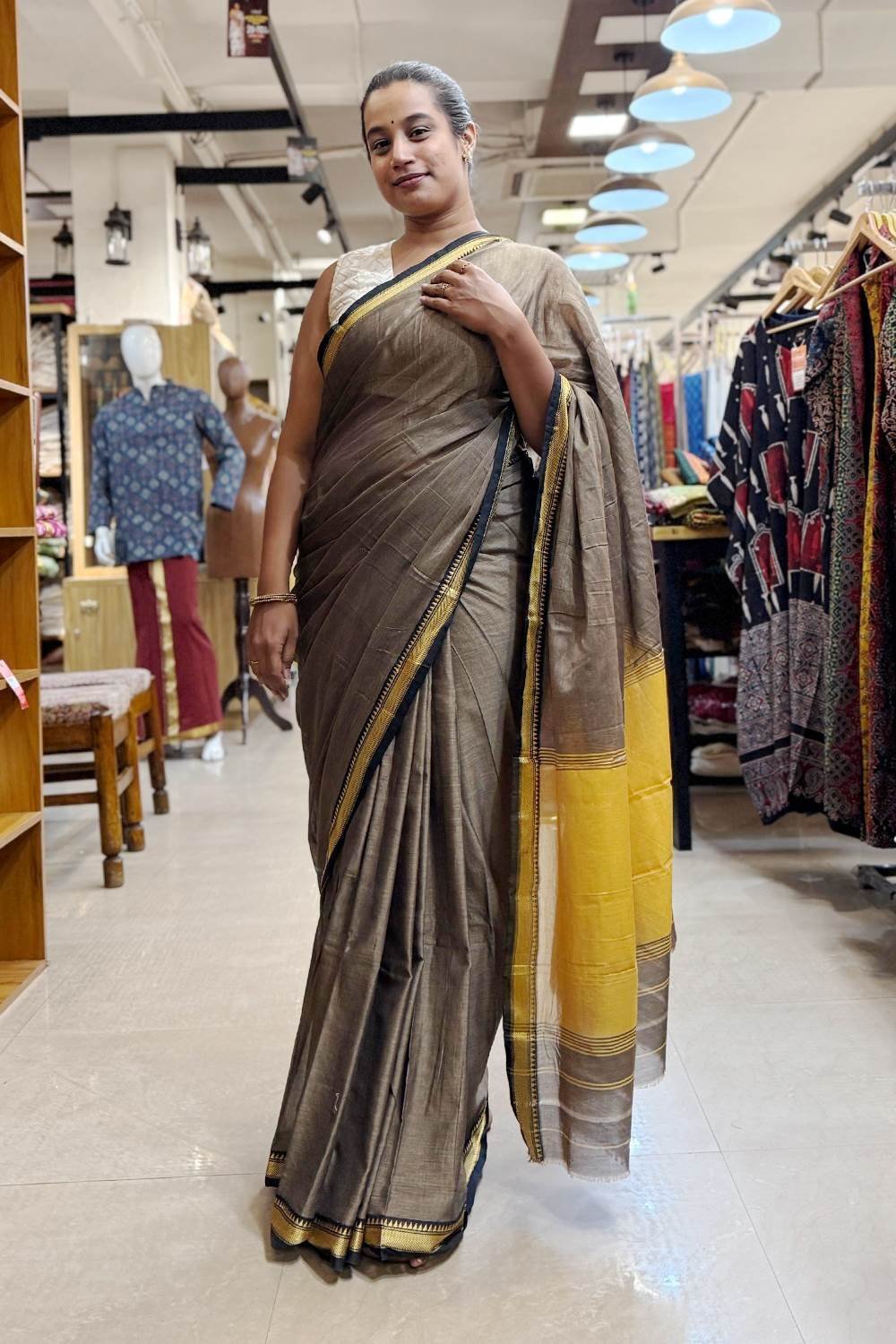 Olive Green Smallgomi Border Narayanpet Saree by byhand, South Asian ethnic wear
