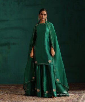 Rama Green Pure Chanderi Silk Lehenga With Short Kurta And Organza Dupatta by WeaverStory, South Asian ethnic wear