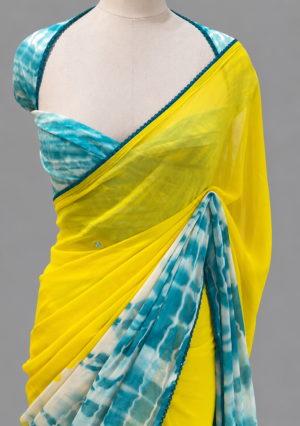 Georgette Shibori Print Saree With Lace Border by Varam Fashion House, South Asian ethnic wear