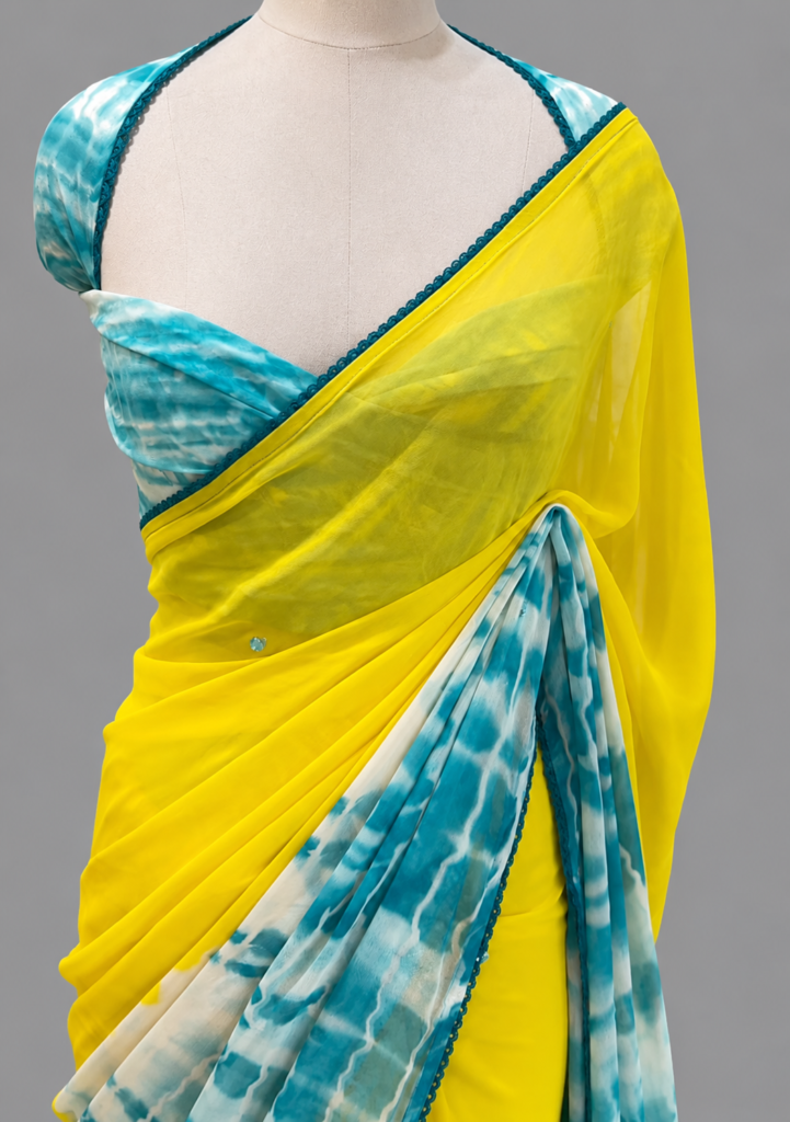 Georgette Shibori Print Saree With Lace Border by Varam Fashion House, South Asian ethnic wear