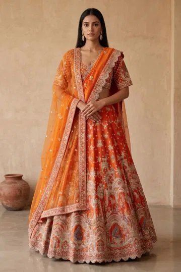 Orange Bead Embroidered Bridal Lehenga With Readymade Blouse And Double Dupatta-Ac1061 by Samyakk, South Asian ethnic wear