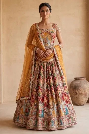 Multicolor Printed Crepe Designer Lehenga With Readymade Blouse-Ac3339 by Samyakk, South Asian ethnic wear