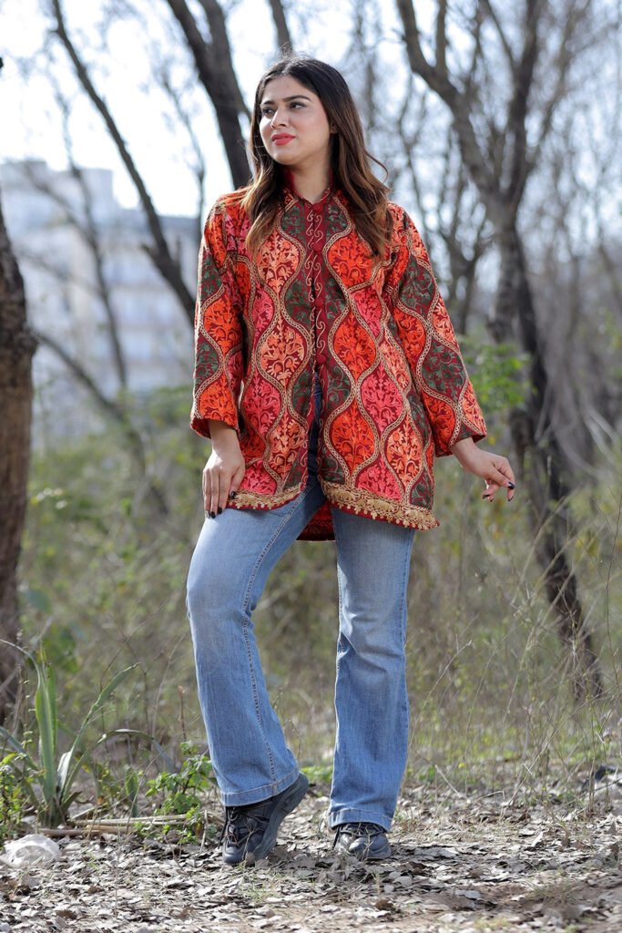 Attractive Maroon Multicolour Aari Work Embroidered Jacket With Beautiful Designer Matka Defines Sophistication. by Kashmir Villa, South Asian ethnic wear