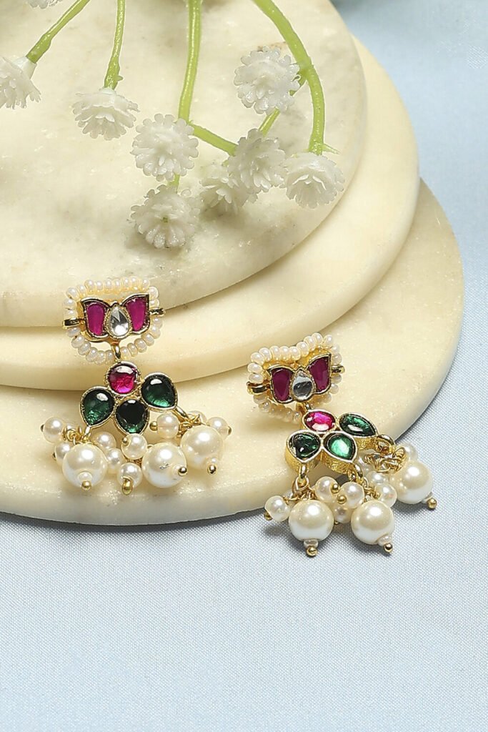 Pink Green Stone Earrings by Biba, South Asian ethnic wear