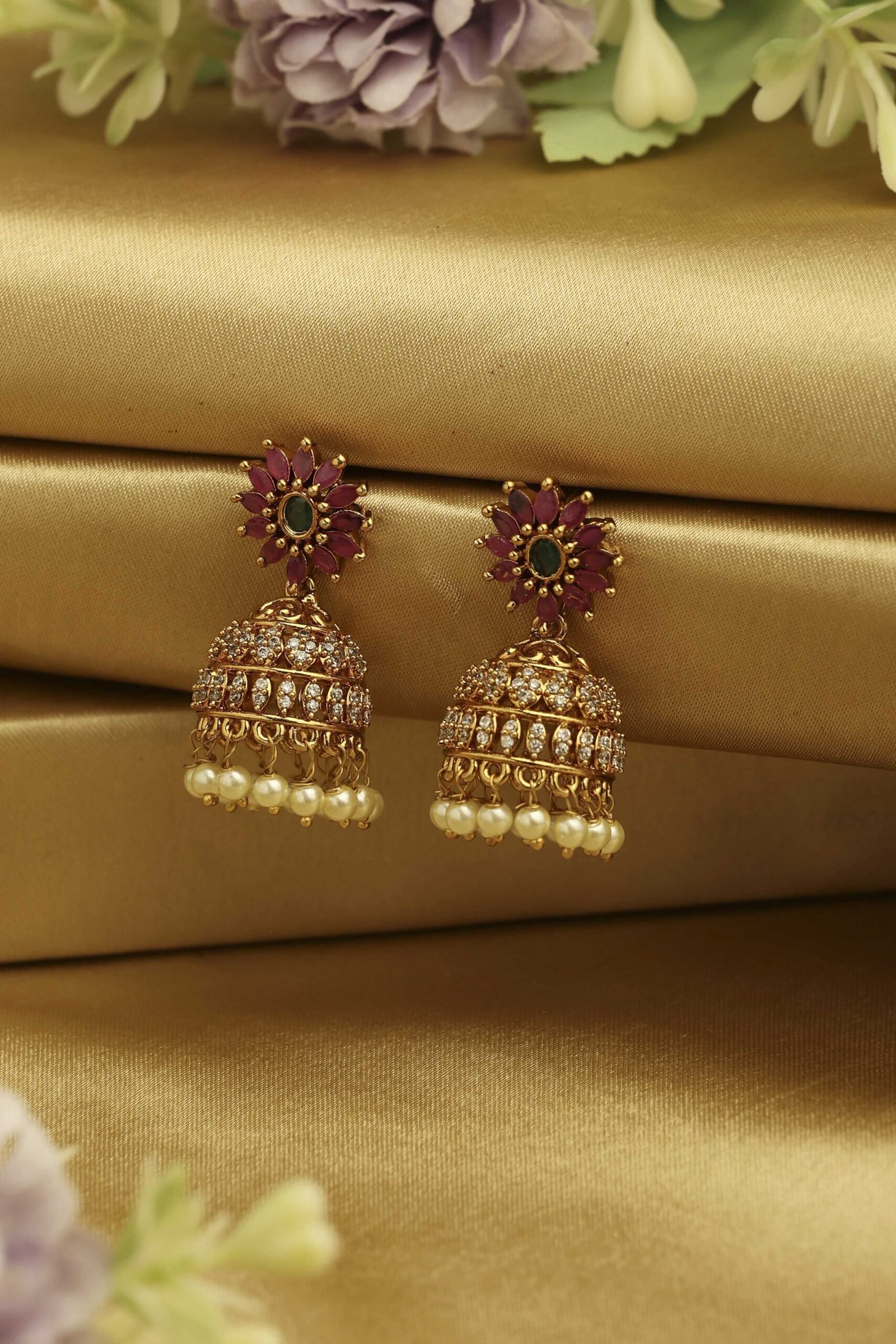 Dark Pink Stone Embellished Earrings by Biba, South Asian ethnic wear