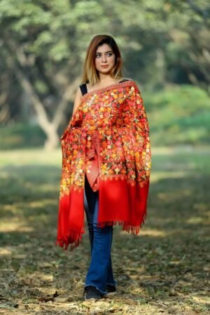 Beautiful Multicoloured Floral On Hot Red Colour Shawl Defines Feminism And Adds Glamour by Kashmir Villa, South Asian ethnic wear