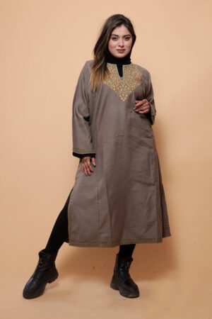 Beige Color Kashmiri Work Embroidered Phiran Enriched With Mechine Sozni Neckline Pattern by Kashmir Villa, South Asian ethnic wear