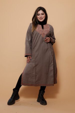 Beige Color Kashmiri Work Embroidered Phiran Enriched With Mechine Sozni Neckline Pattern by Kashmir Villa, South Asian ethnic wear