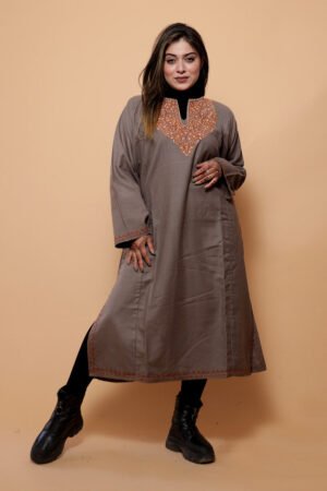 Beige Color Kashmiri Work Embroidered Phiran Enriched With Mechine Sozni Neckline Pattern by Kashmir Villa, South Asian ethnic wear