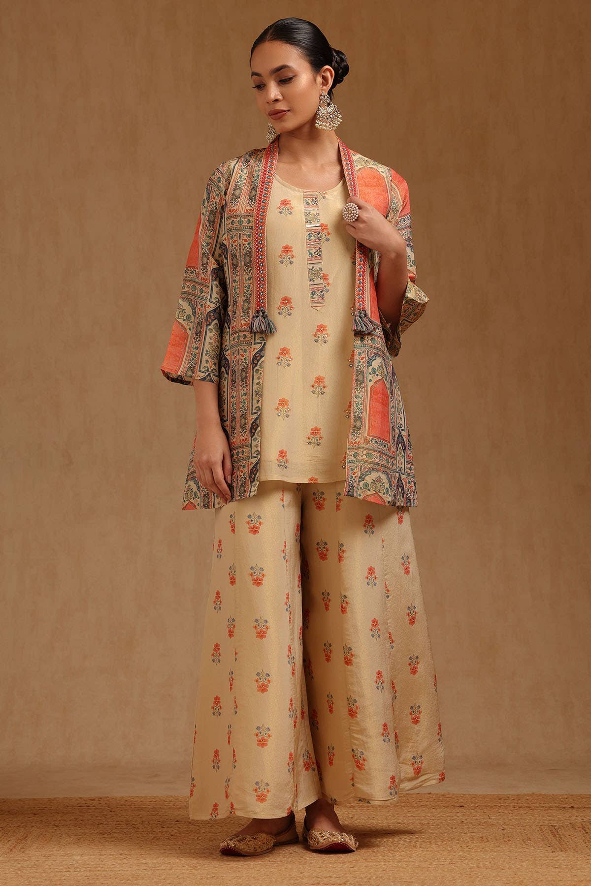 Beige Tissue Floral Print Co-Ord Set With Faux Mirror
