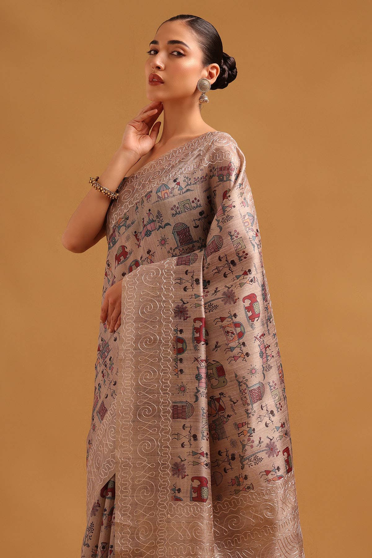 Beige Tussar Kantha Embroidered Warli Saree