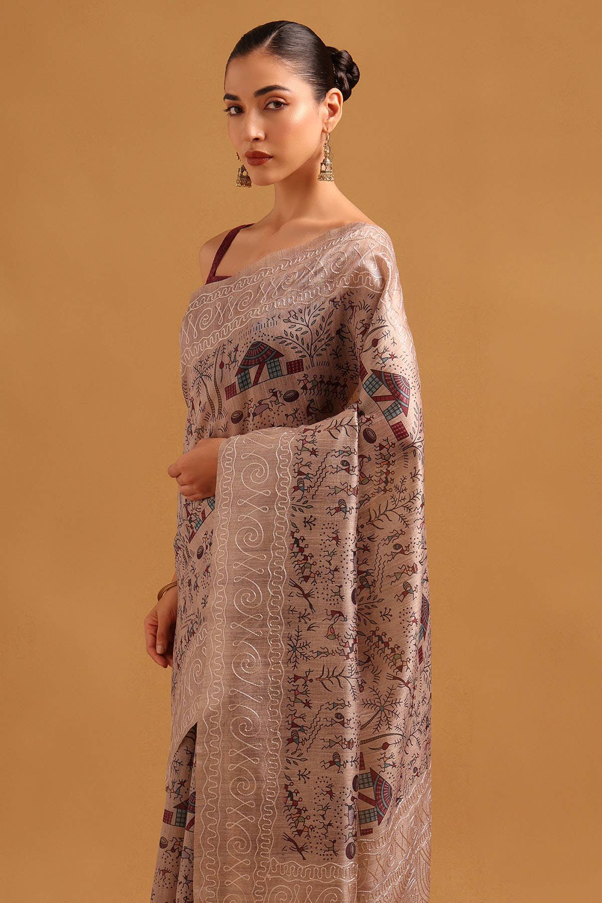 Beige Tussar Kantha Embroidered Warli Saree