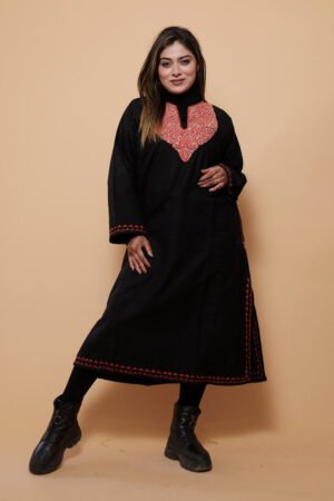 Black Color Kashmiri Work Embroidered Phiran Enriched With Mechine Sozni Neckline Pattern by Kashmir Villa, South Asian ethnic wear