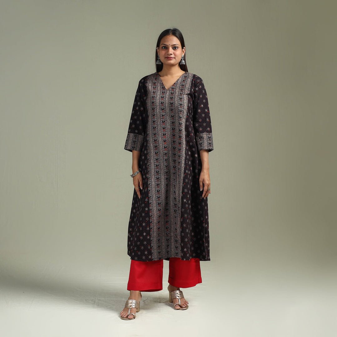 Black - Hand Block Print Natural Dyed Cotton A-Line Ajrakh Kurta For Women 11