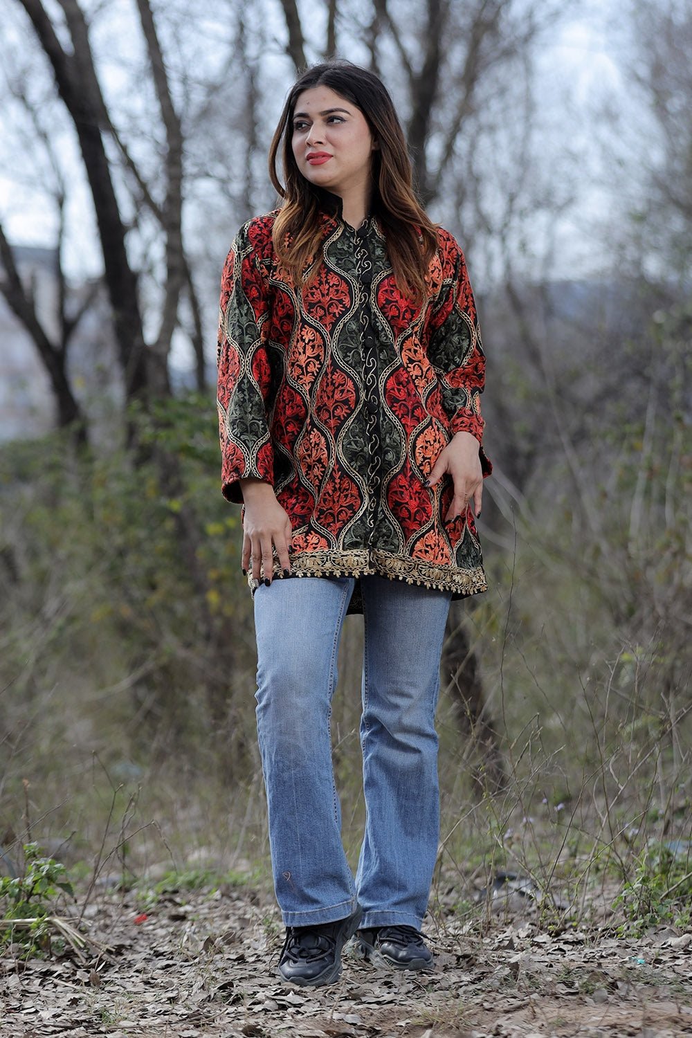Black Multicolour Aari Work Embroidered Jacket With Beautiful Designer Matka Defines Sophistication. by Kashmir Villa, South Asian ethnic wear