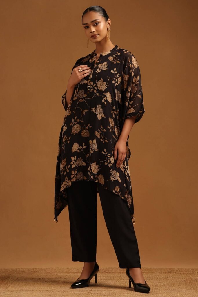 Black Chinon Floral Kaftan Suit With Sequins by Soch, South Asian ethnic wear