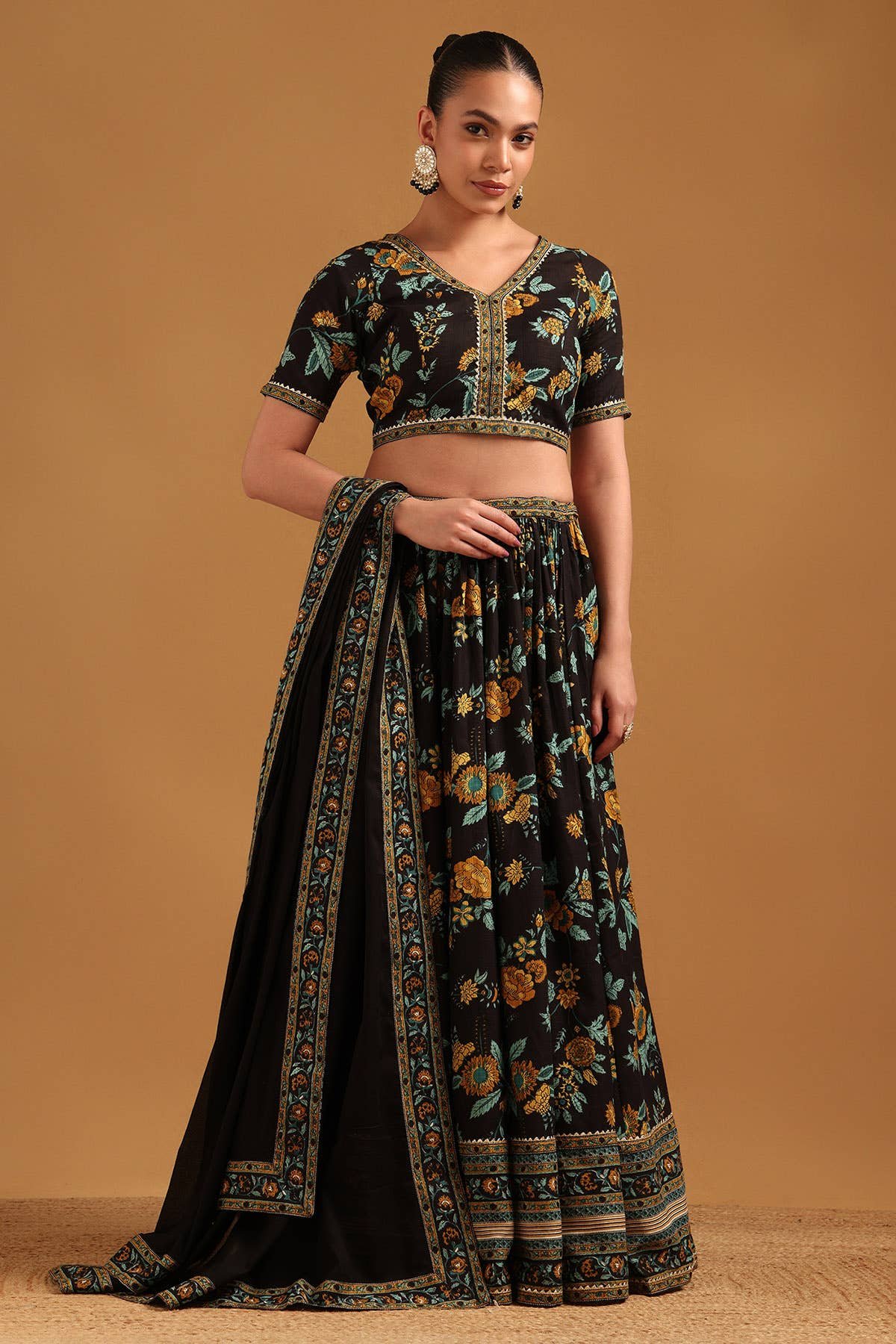 Black Cotton Botanical Lehenga Set With Gotta Patti by Soch, South Asian ethnic wear
