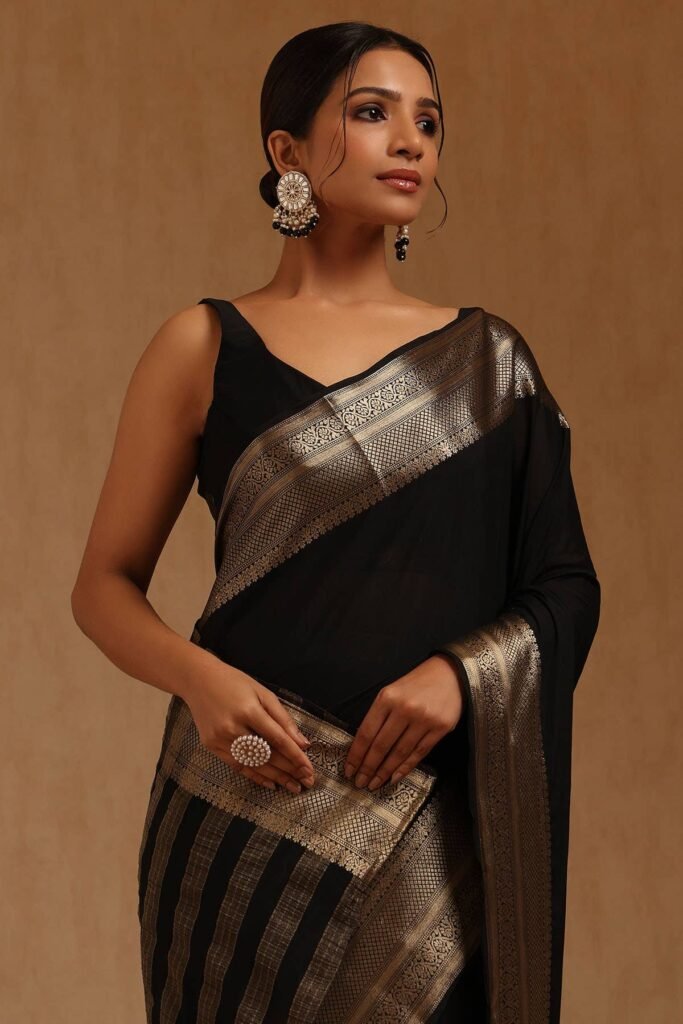 Black Georgette Zari Woven Saree by Soch, South Asian ethnic wear