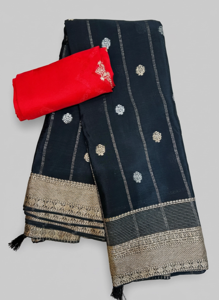 Silver Buti Trail: Premium Chinnon Silk Saree With Zari Buti Motifs & Broad Silver Border by Varam Fashion House, South Asian ethnic wear