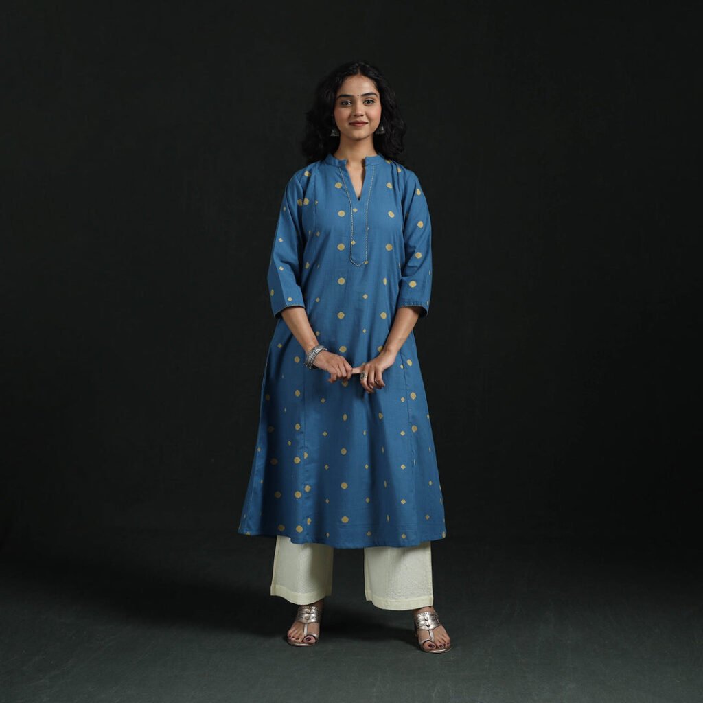 Blue – Hand Embroidered A-Line Cotton Jacquard Long Kurta For Women 12 by itokri, South Asian ethnic wear