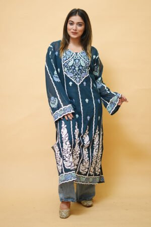 Blue Lining Kashmiri Kurti With Multicolour All Over Front And Back Embroidery. by Kashmir Villa, South Asian ethnic wear
