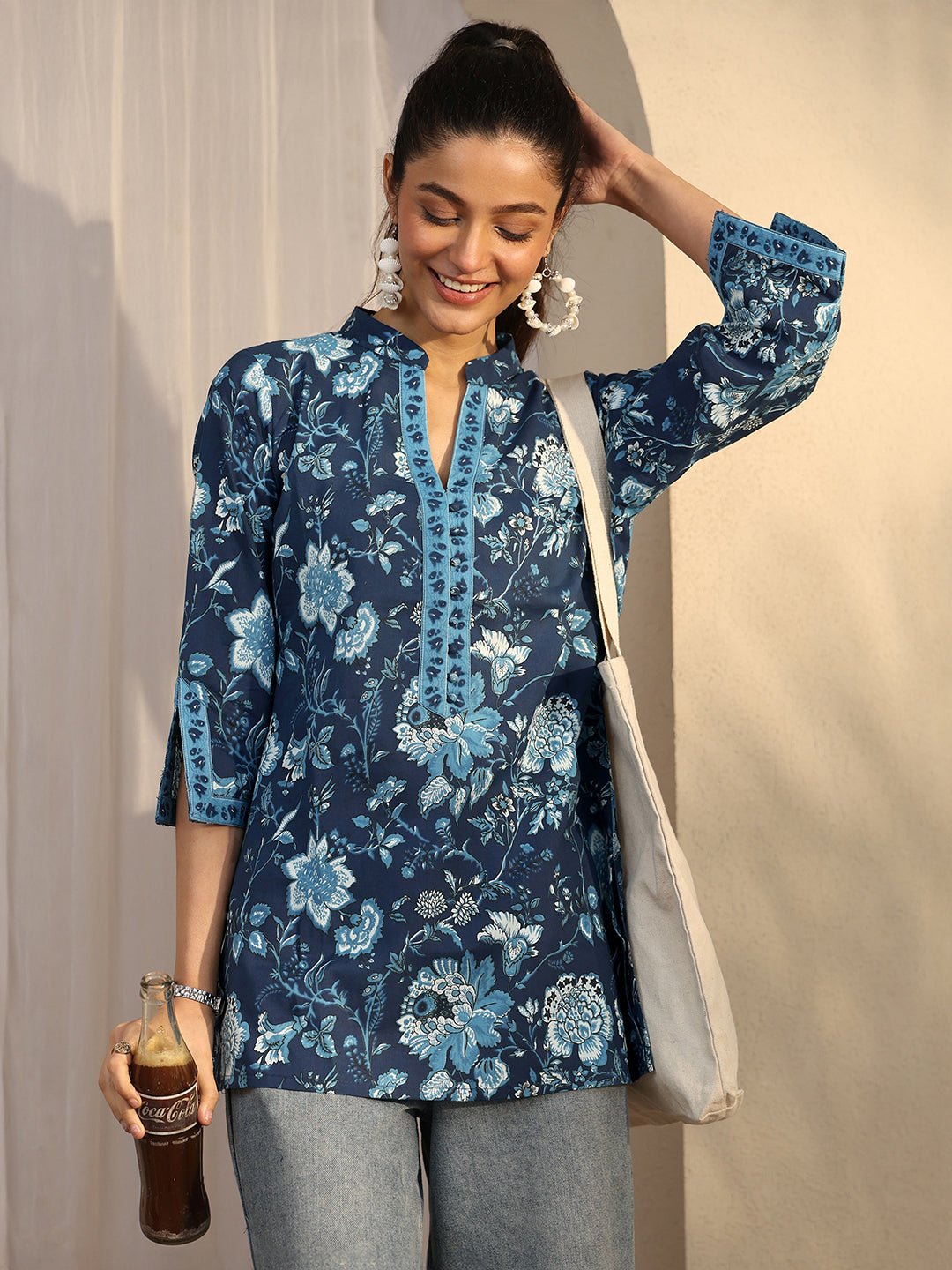 Blue Printed Cotton Straight Short Kurti