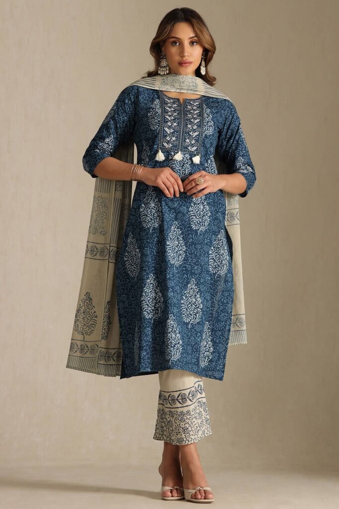 Blue Cotton Botanical Print Suit Set With Thread Work by Soch, South Asian ethnic wear