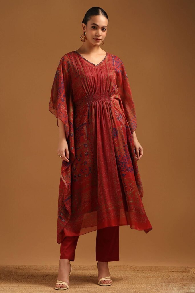 Brick Red Chiffon Ethnic Motifs Kaftan Suit With Cutdana Details by Soch, South Asian ethnic wear