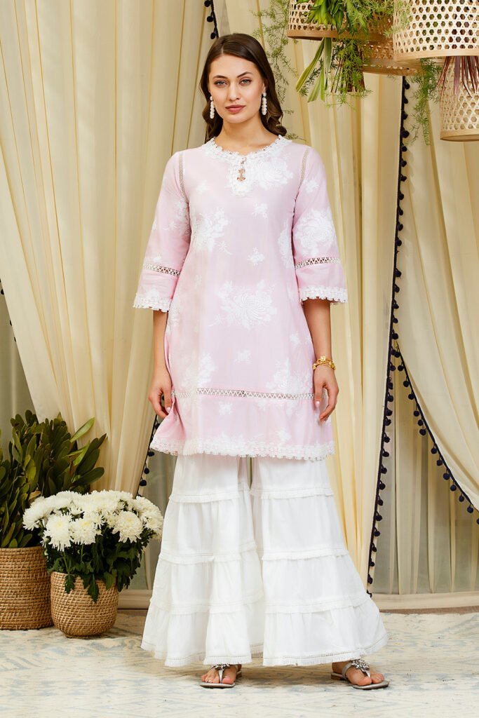 Sunflower Pink Kurta With Garara Set by Mulmul, South Asian ethnic wear