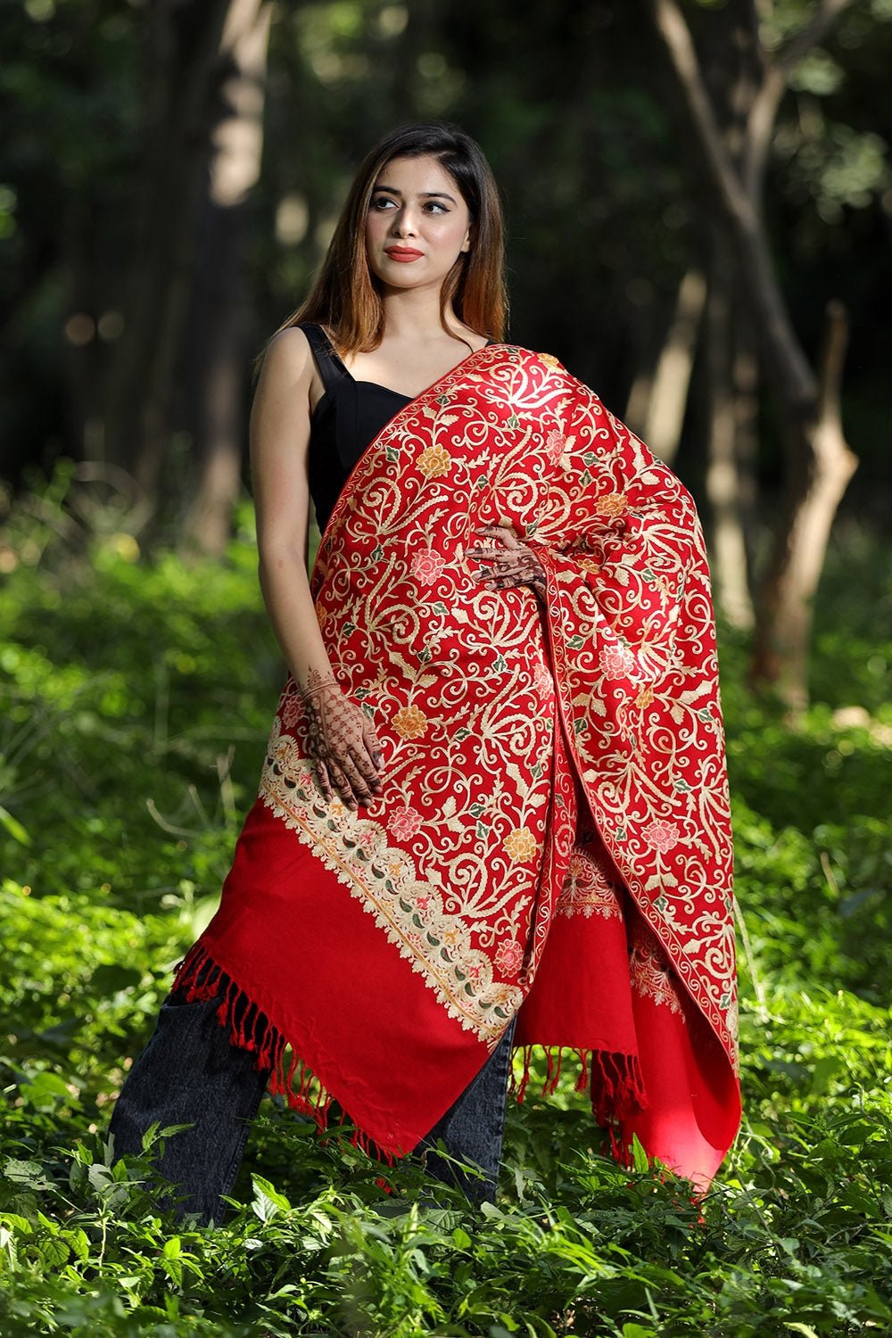 Red Colour Wolen Base With Rich All Over Kashmiri Jaal Express Elegance And Style. by Kashmir Villa, South Asian ethnic wear