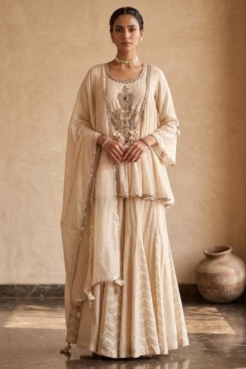 Cream Zardosi Embroidered Silk Palazzo Suit With Round Neck-Aa4099 by Samyakk, South Asian ethnic wear