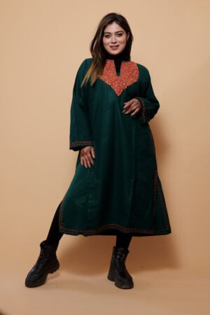 Dark Green Color Kashmiri Work Embroidered Phiran Enriched With Mechine Sozni Neckline Pattern by Kashmir Villa, South Asian ethnic wear
