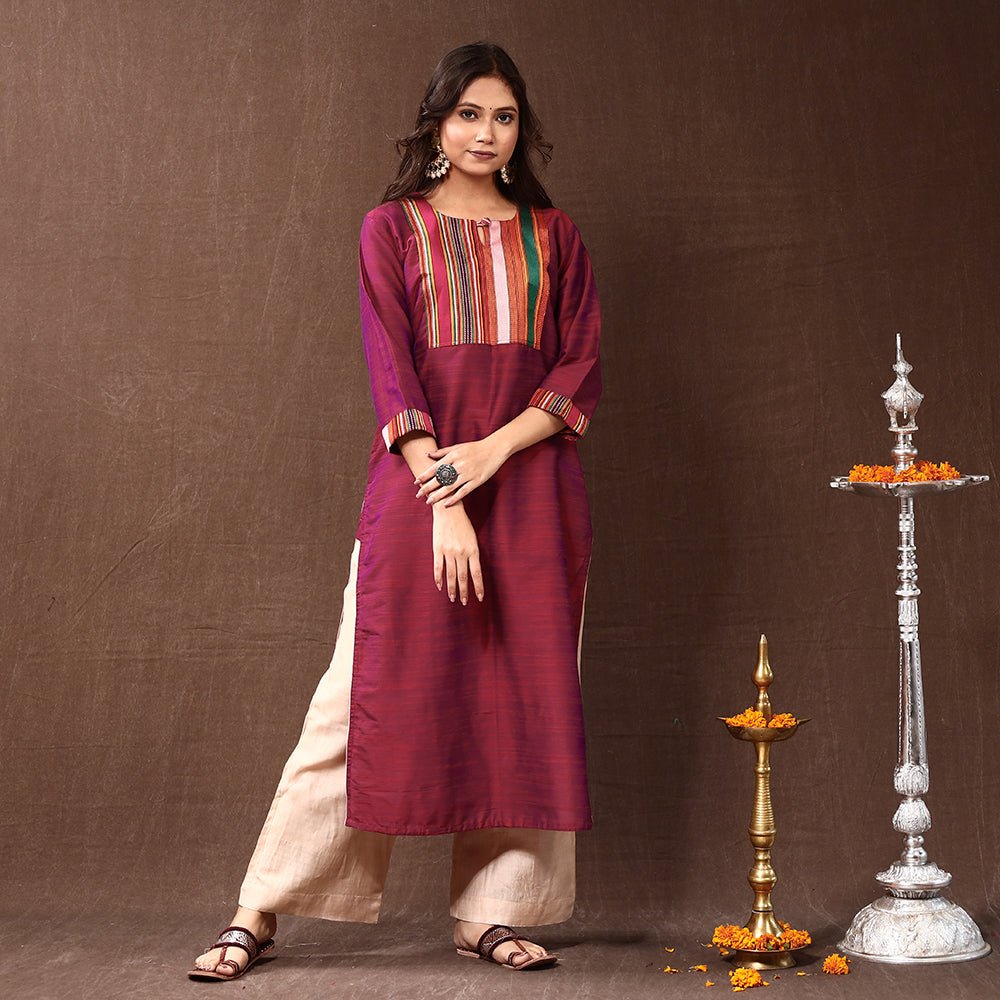Dark Purple - Silk Plain Long Straight Kurta
