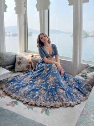 Navi Denim Lehenga by Mulmul, South Asian ethnic wear