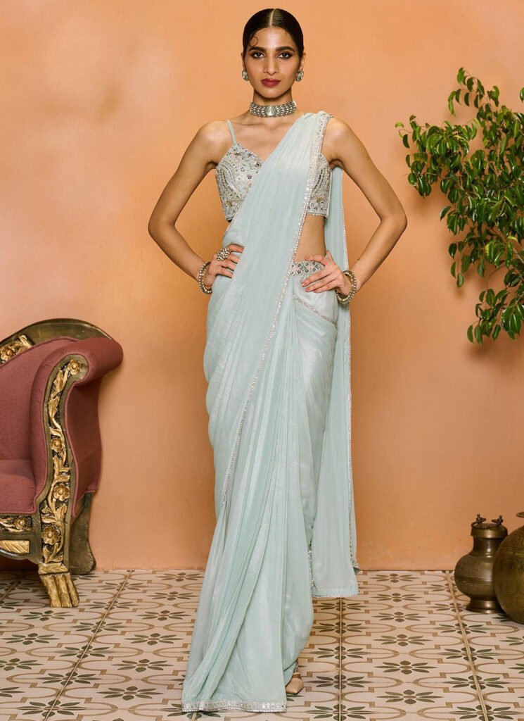 Dusty Mint Embroidered Georgette Saree by Lashkaraa, South Asian ethnic wear