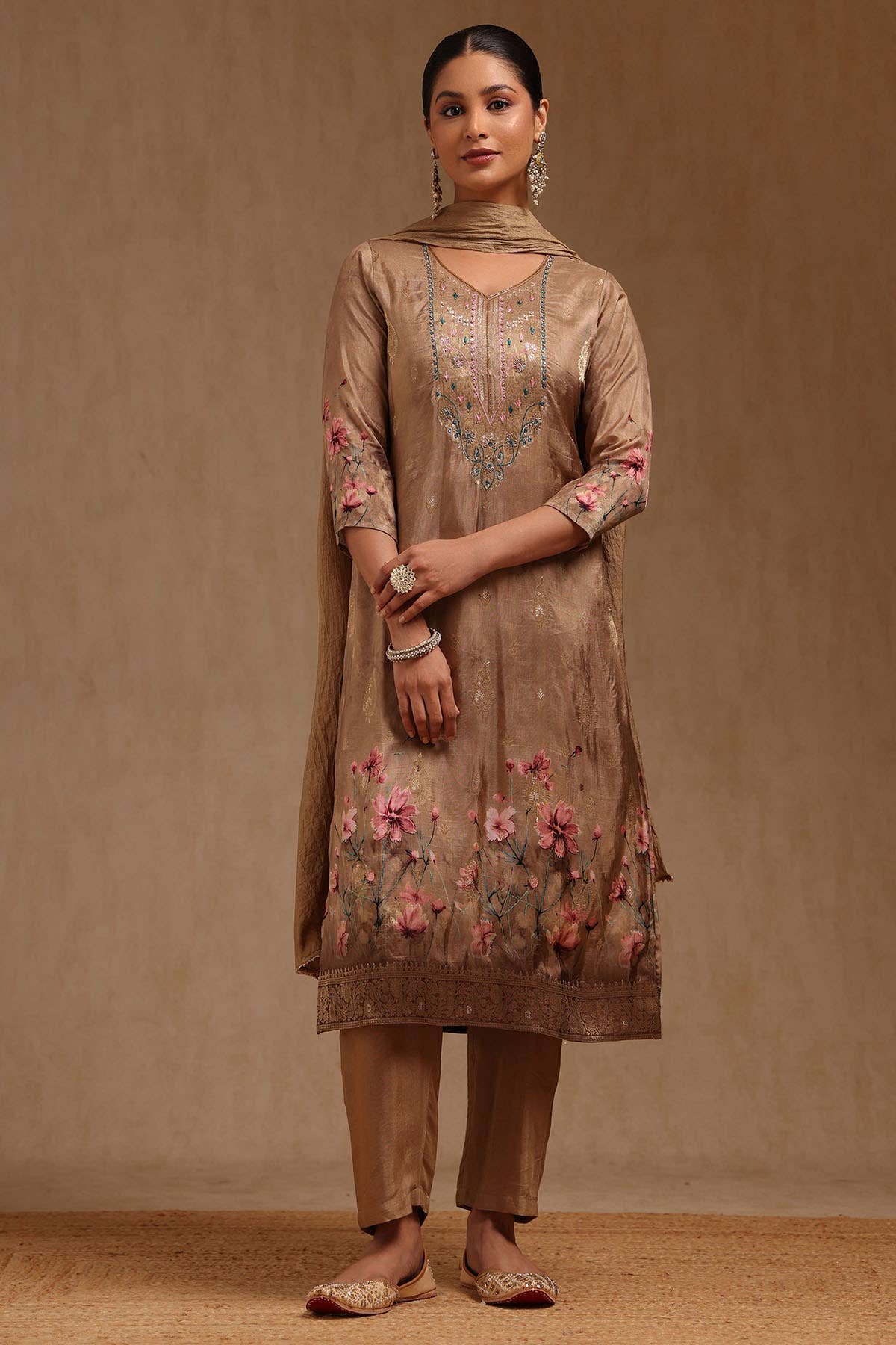 Earth Russian Silk Floral Print Suit Set With Faux Mirror